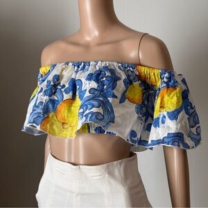 luisa positano 100% linen lemon-print off the shoulder top in blue/white/yellow